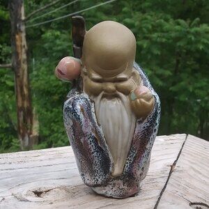 Vintage Chinese God of Longevity Immortal Shou Lao Mudman Clay Figurine peach